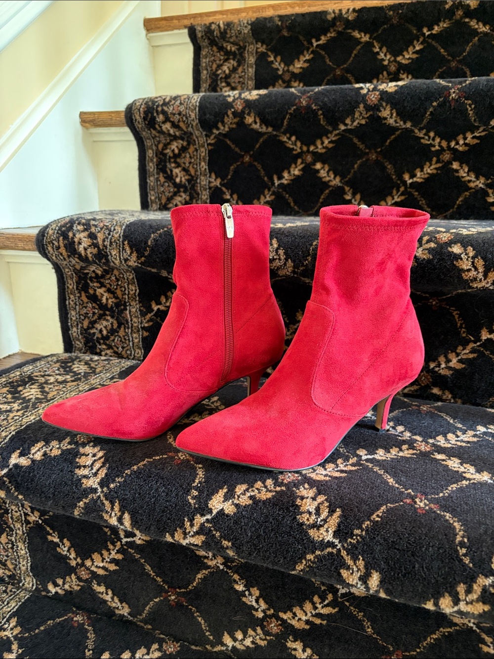 Marc Fisher Red Suede Pointed Toe Ankle Booties with Side Zip